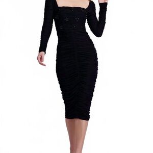 Hand-Beaded Stretch Tulle Midi Dress